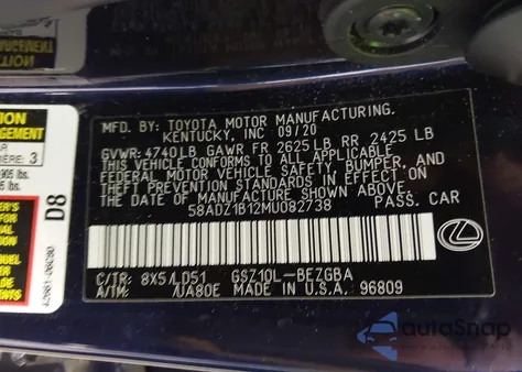 2021 Lexus Es 350 from USA, damaged, VIN 58ADZ1B12MU082738